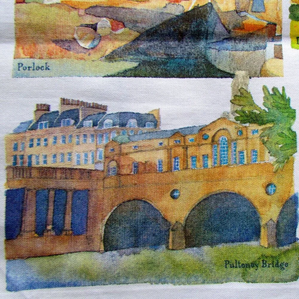 ENGLISH TEA TOWEL, SOMERSET SCENES in WATERCOLOR: BATH, DUNSTER CASTLE, WELLS ++